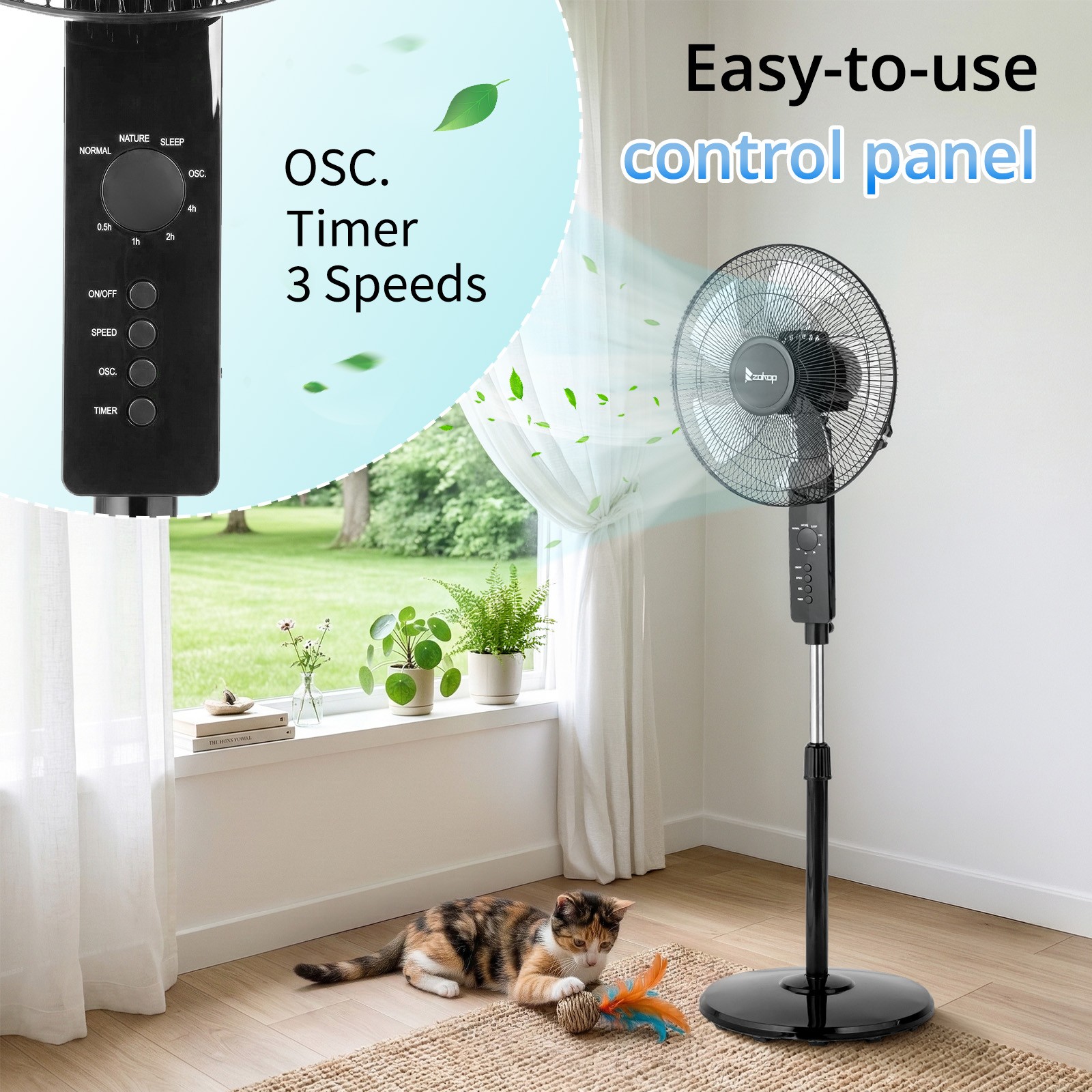 16-Inch Height Adjustable Pedestal Fan,Oscillating Stand Fan w/3 Speeds & Remote