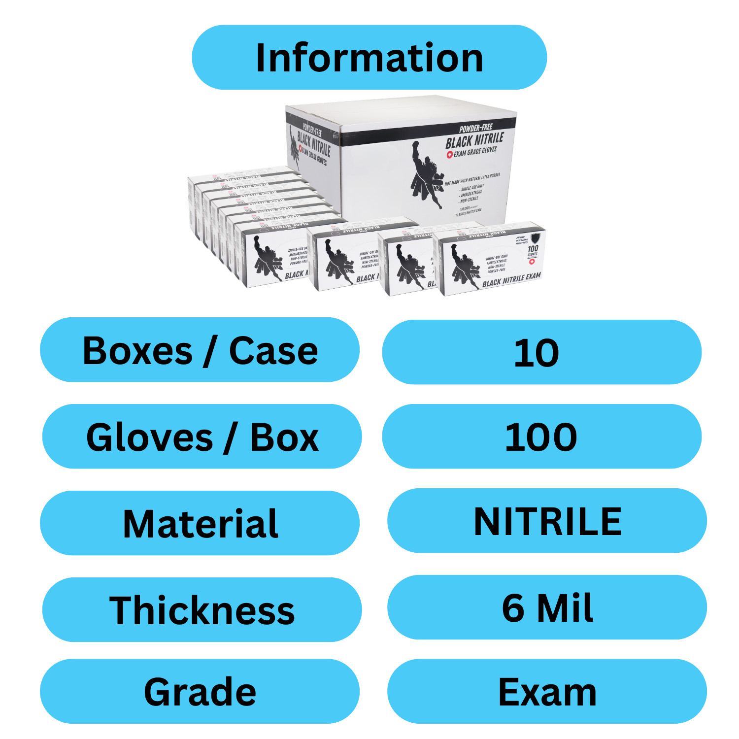 Black Nitrile Exam Powder-Free Disposable Gloves, Large 6 MIL, 1000 Pieces