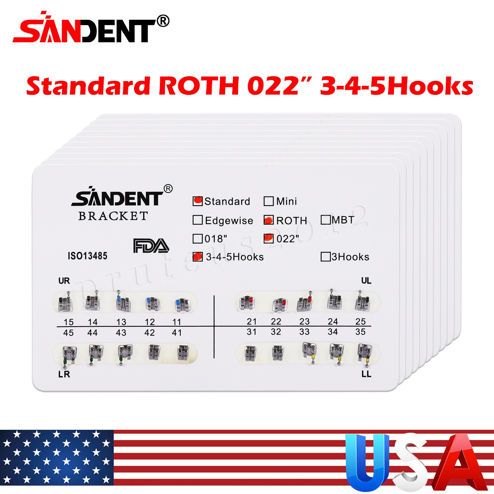 SANDENT Dental Orthodontic Metal Brackets Braces Standard MBT 022 Hooks 345/3