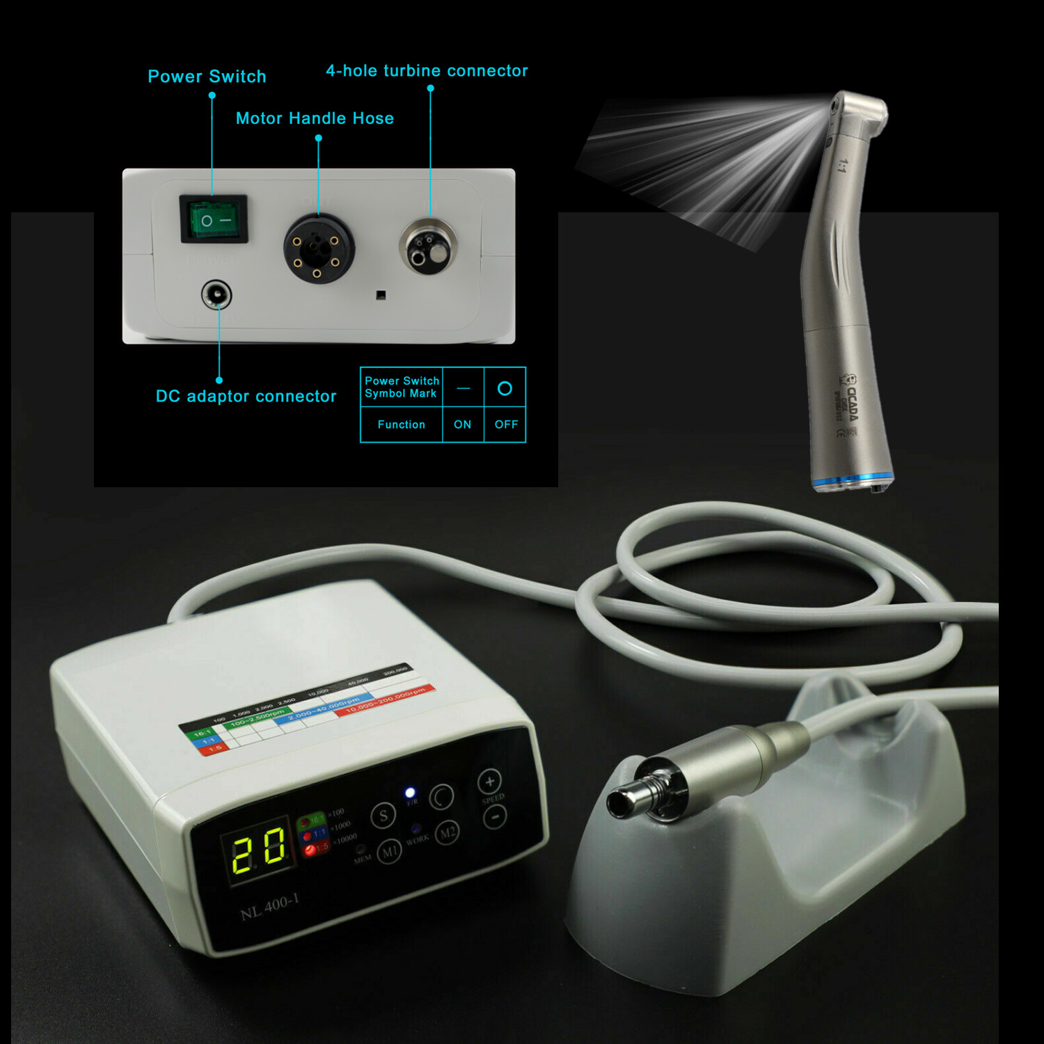 CICADA Dental Brushless LED Electric Micro Motor + 1:1 Contra Angle Handpiece