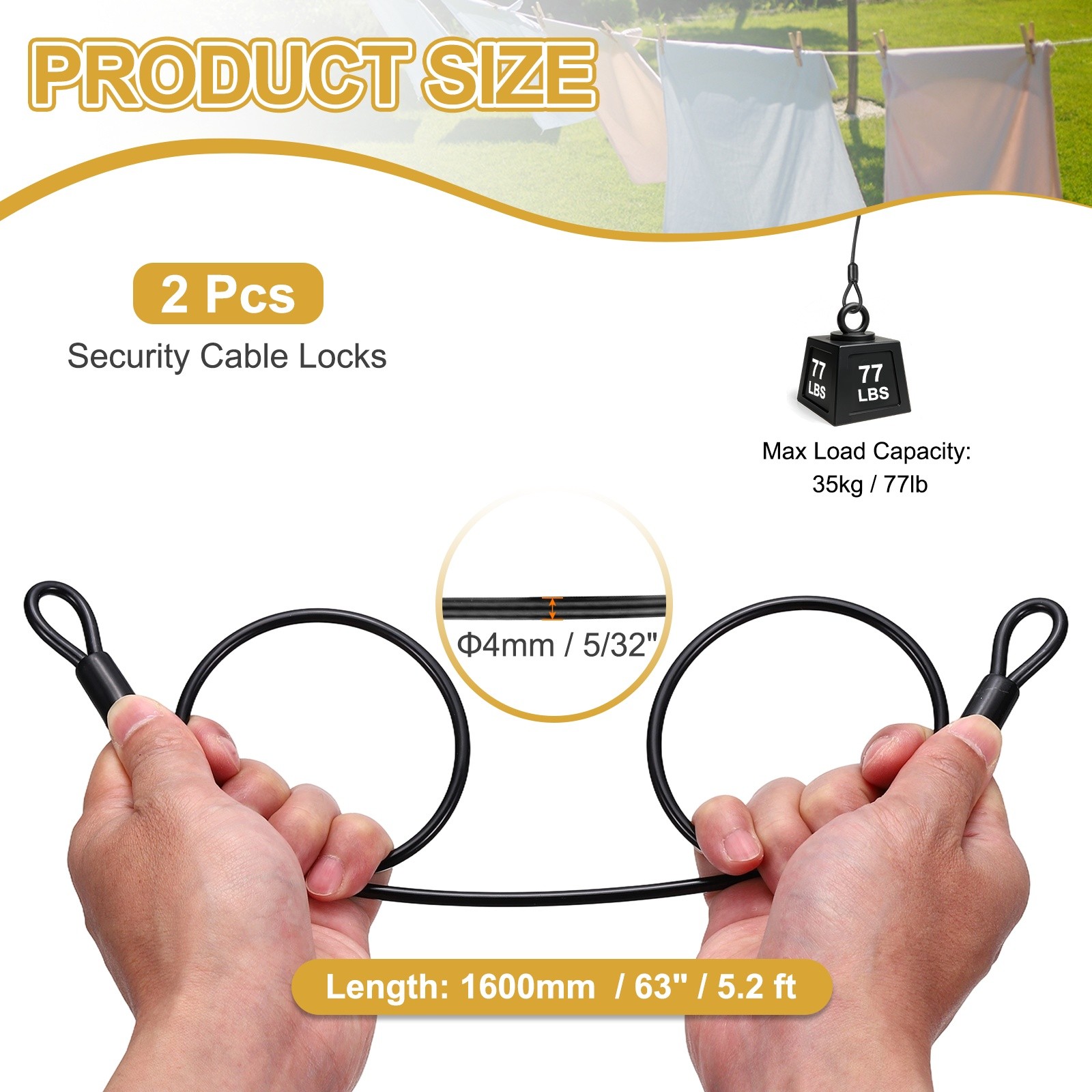 2pcs 5/32″ Dia 5.2ft Security Cable Lock Vinyl Coated Steel with Loops Black
