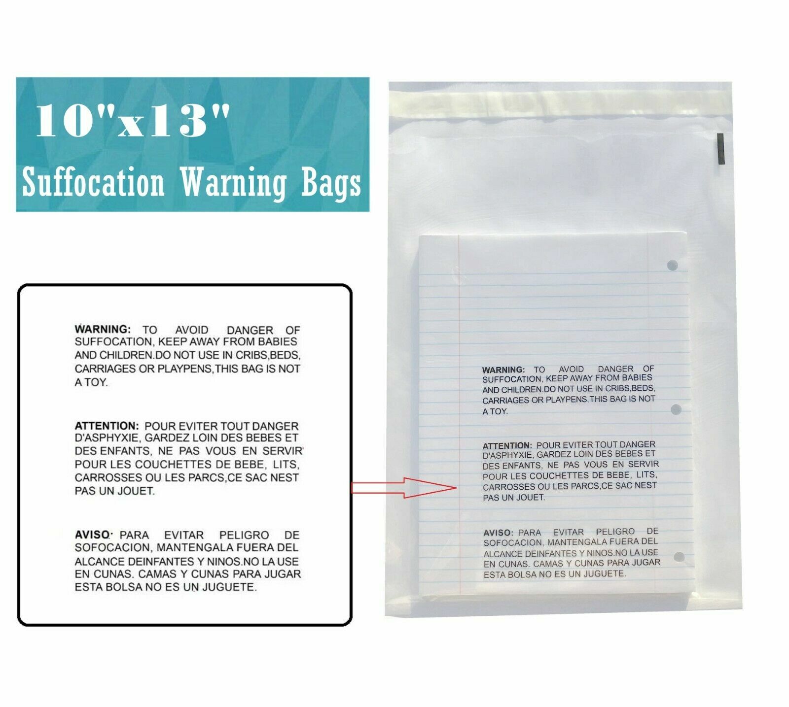500 10×13 Self Seal Suffocation Warning Clear Poly Bags 1.5 mil -ST ShipMailers