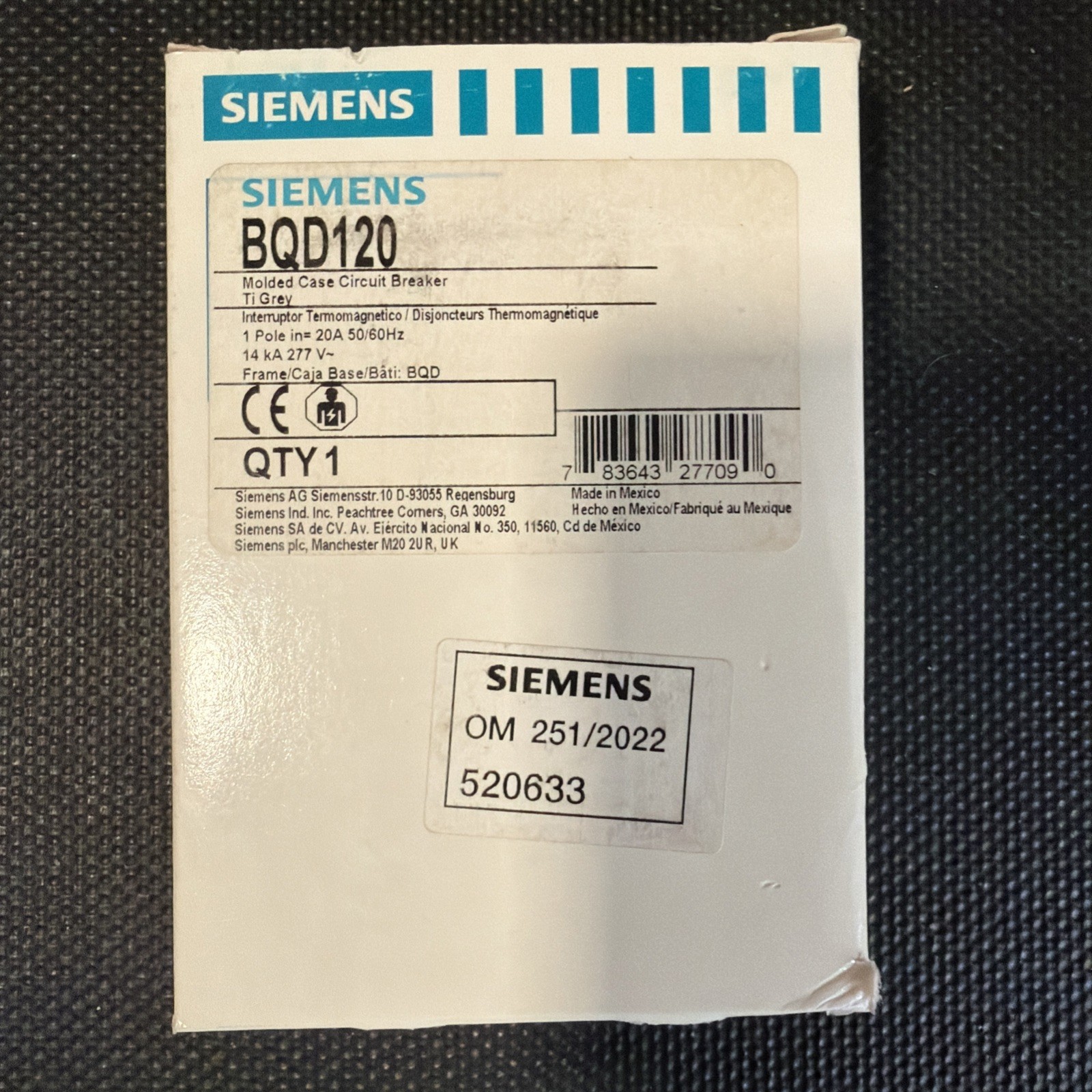 New OEM Siemens BQD120 20-Amp Single Pole 277V AC / 125V DC Bolt in Breaker