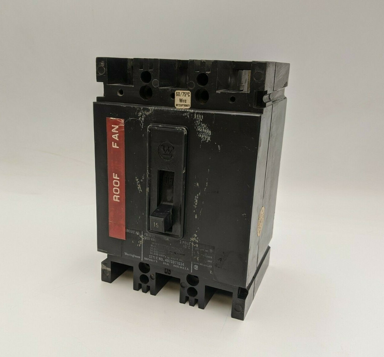 Westinghouse FB3015 Circuit Breaker 15A 3P 600V 4975D71G34 15 Amp 3 Pole Used