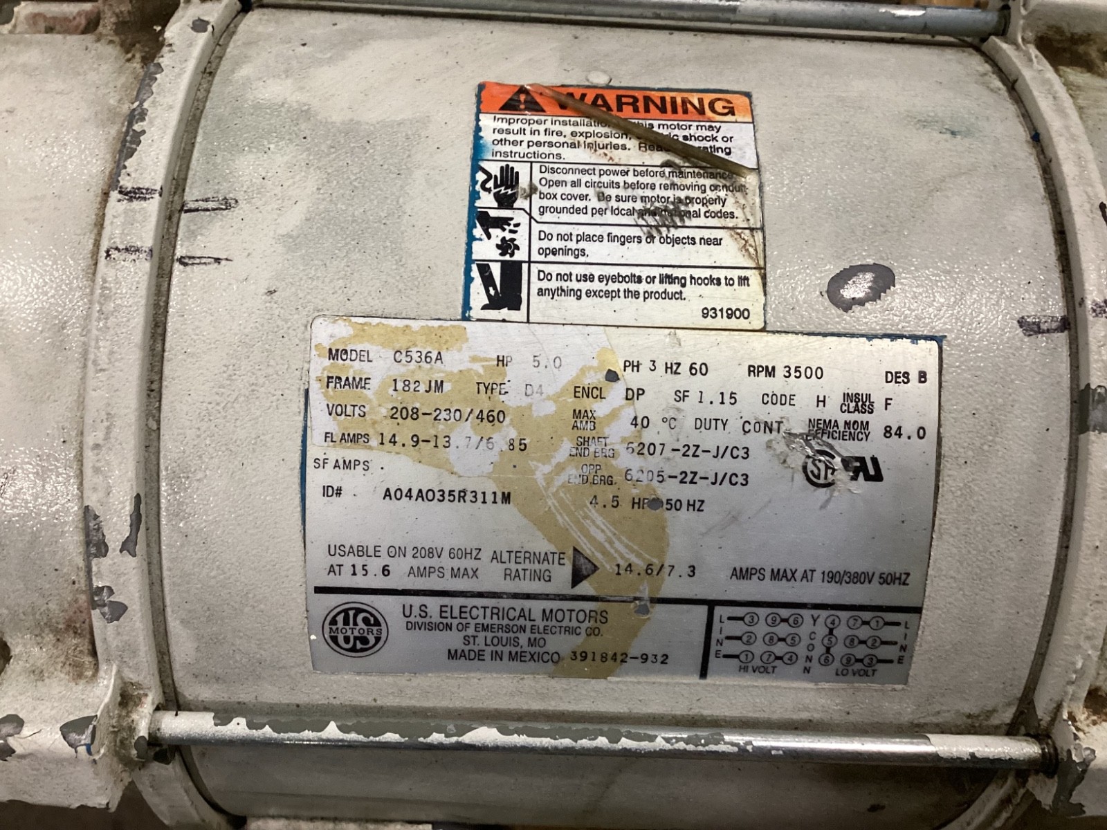 US MOTOR 5 HP EXPLOSION PROOF MOTOR 3500 RPM C536A 182JM FRAME #122A29PR2
