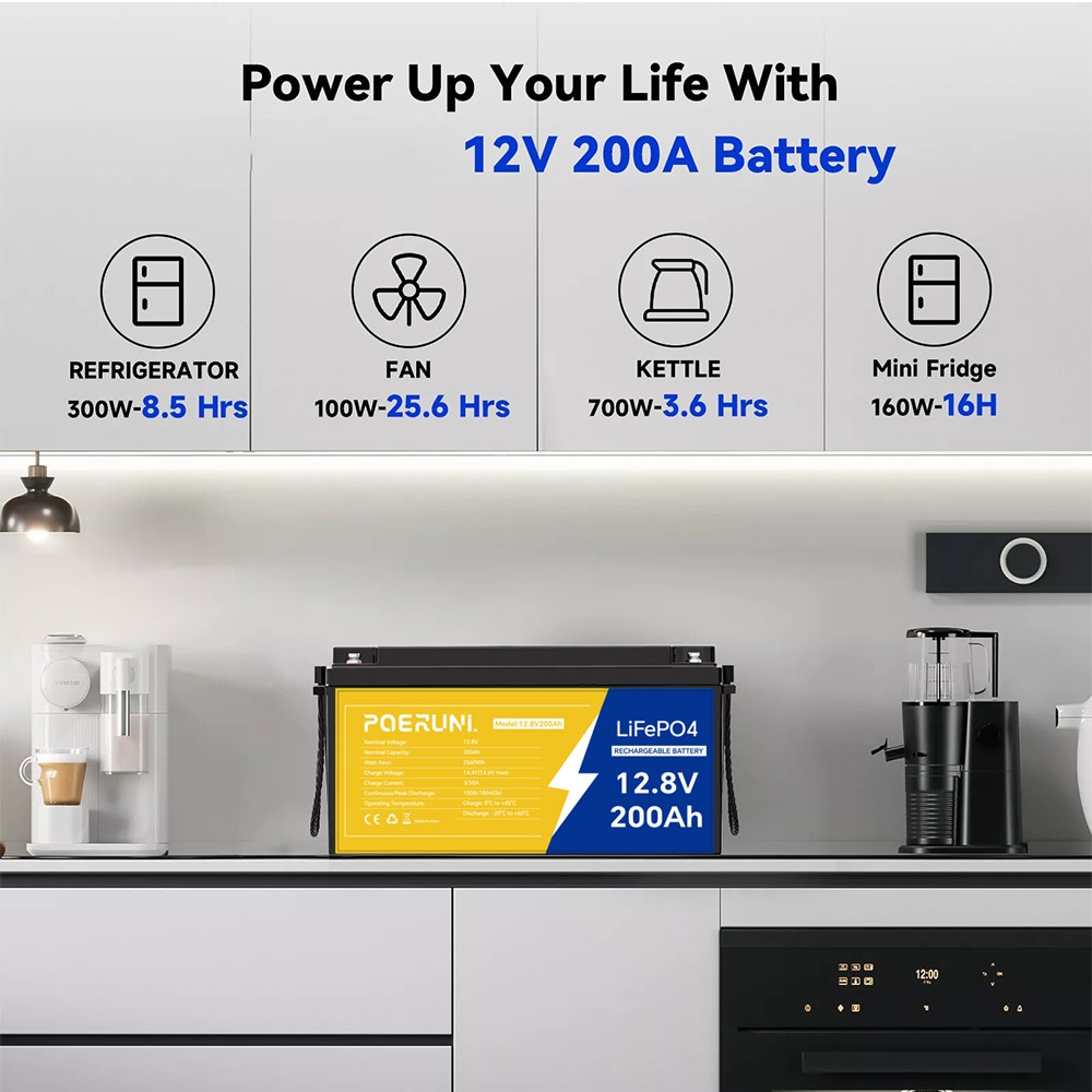 12V 200Ah Lithium LiFePO4 Battery 2560Wh Built-in BMS Deep Cycle For Solar RV