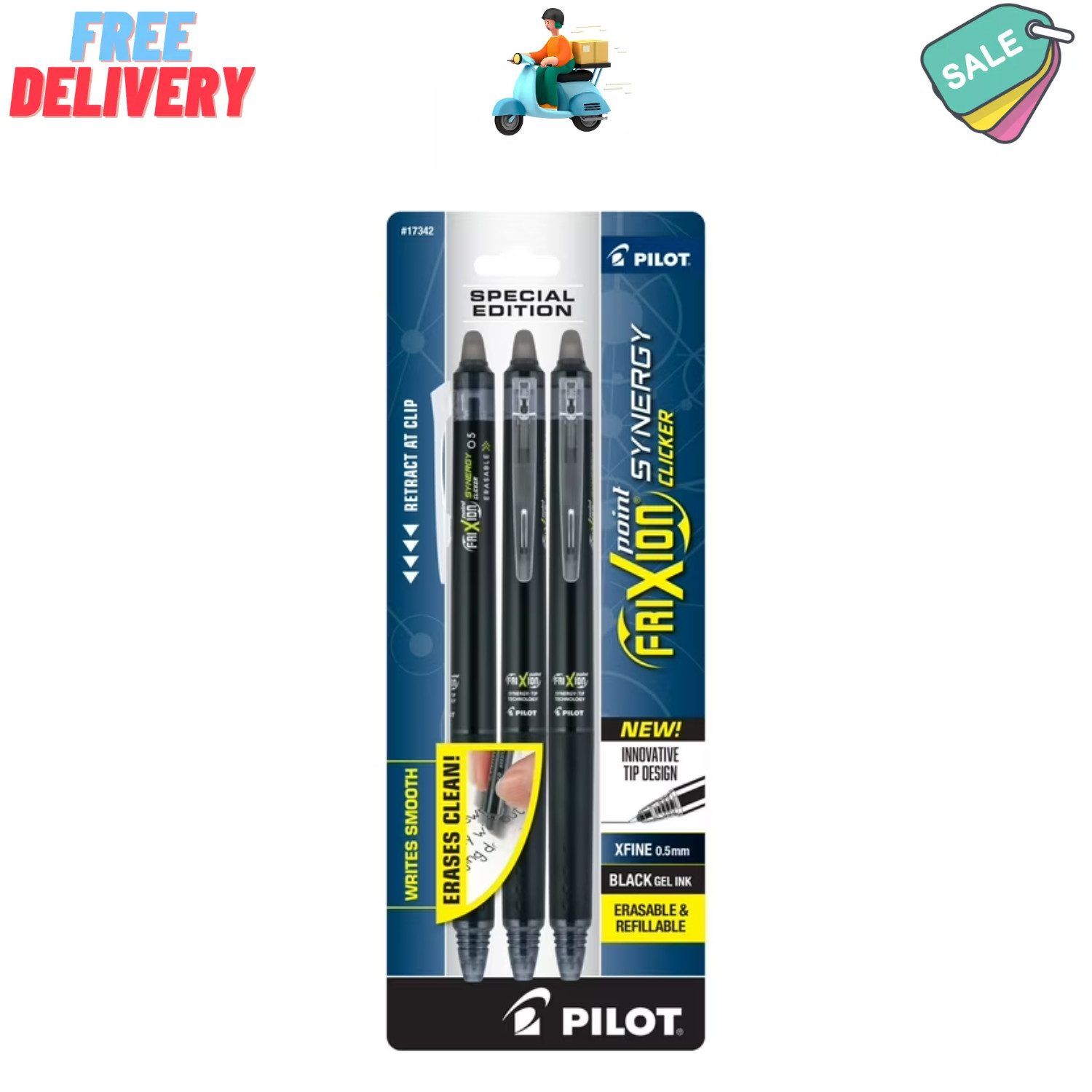 Pilot Frixion Clicker Erasable Gel Pens, Extra Fine Point, Black Ink, 3 Count
