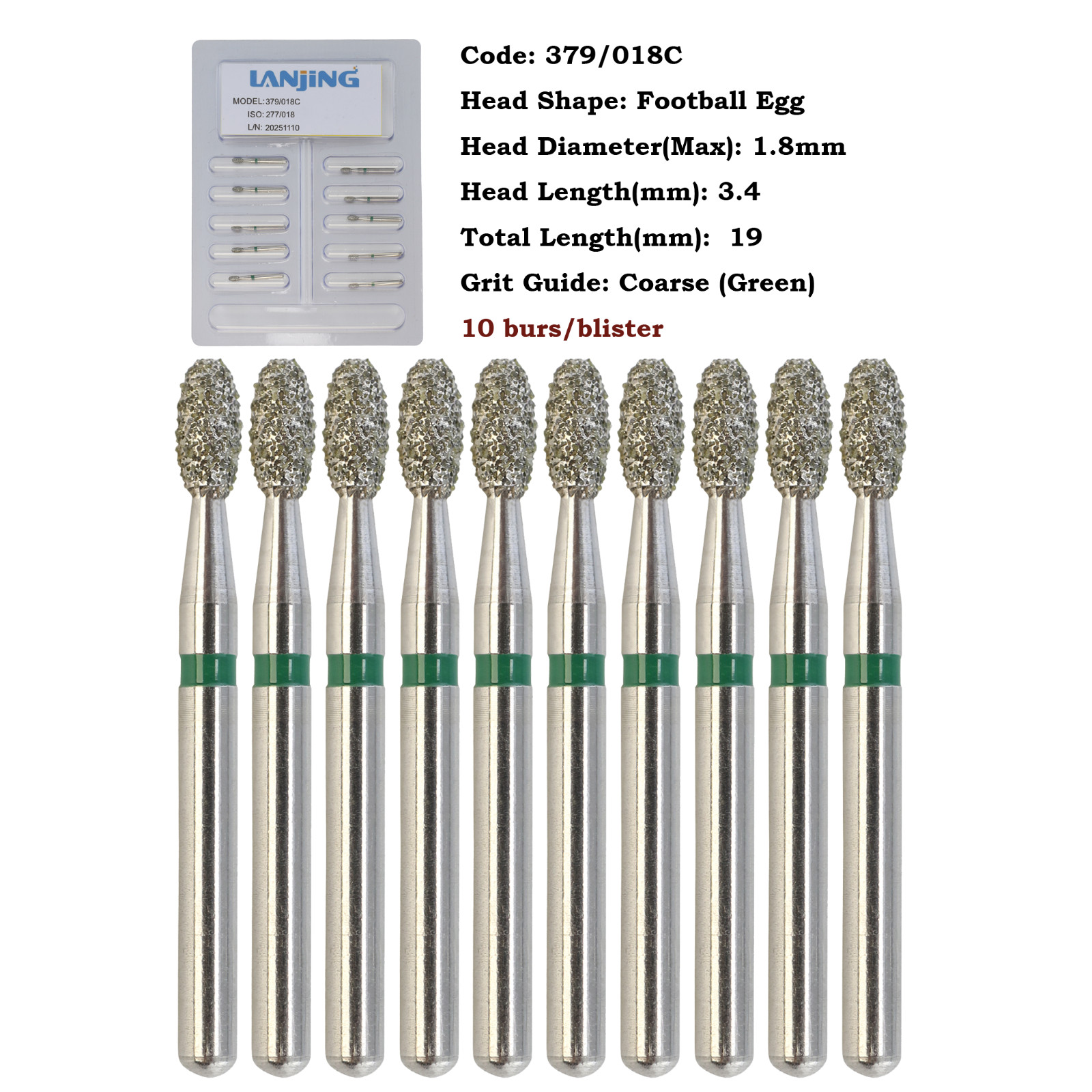 Dental Diamond Burs Football FG 368/023C 379-023F Egg Shape Coarse High Speed