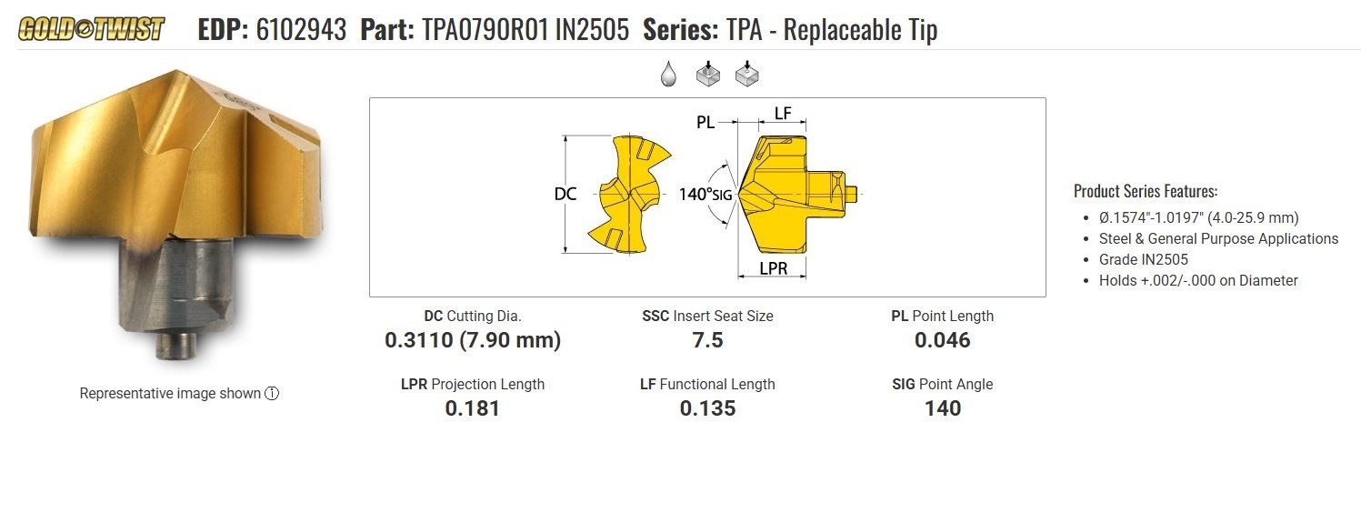 Qty 1 Ingersoll TPA0790R01 IN2505 Drill Insert 0.311″ (7.9mm) NOB 1 per Order
