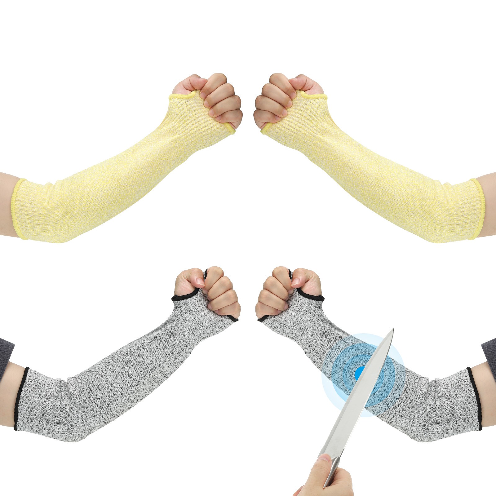 2Pairs l Arm Protectors Sleeve Cut Resistant Sleeve with Thumb Hole Yellow Gray