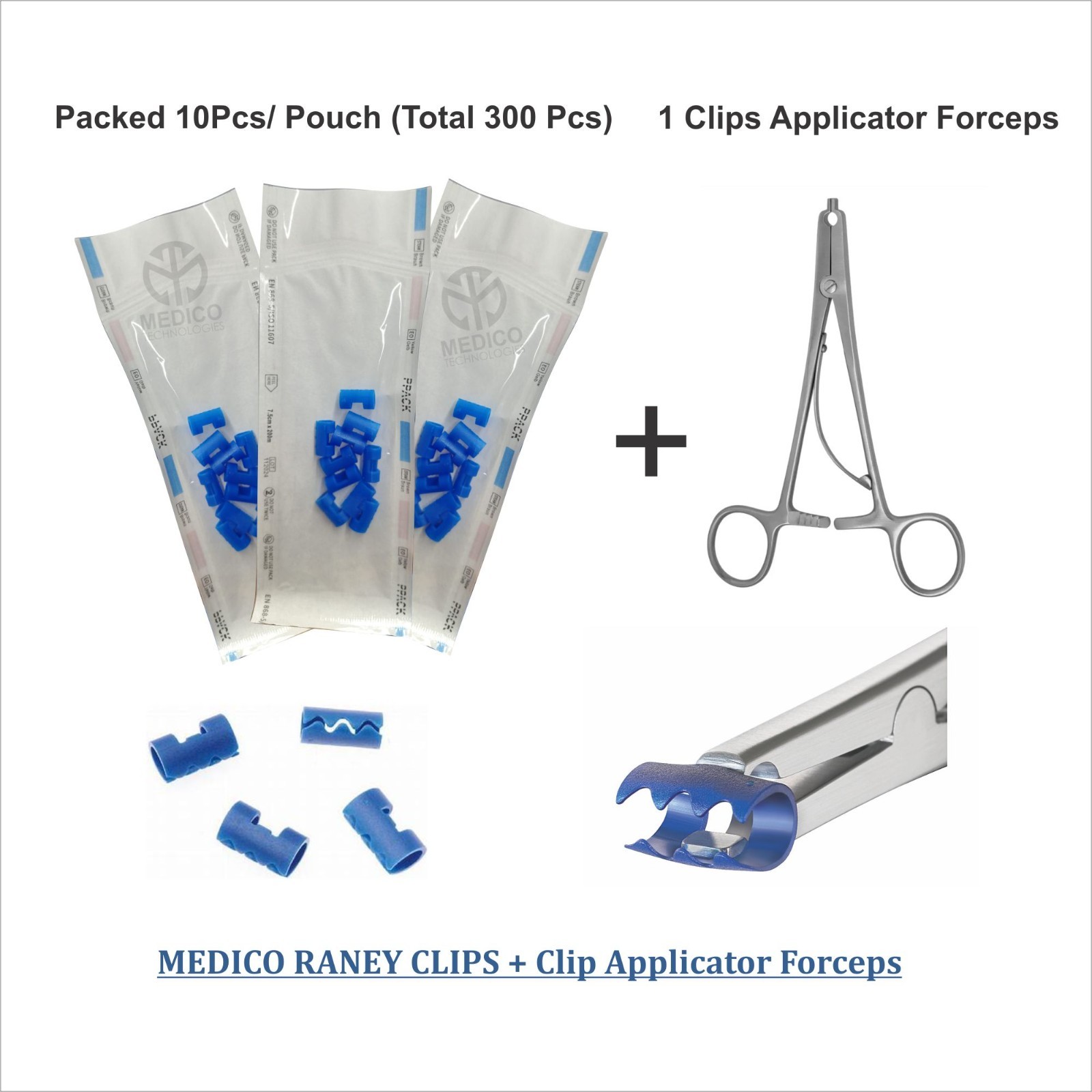 Raney Clip 300 Plastic Clips + 1 Applicator Forceps Neuro Surgical, Scalp Clips