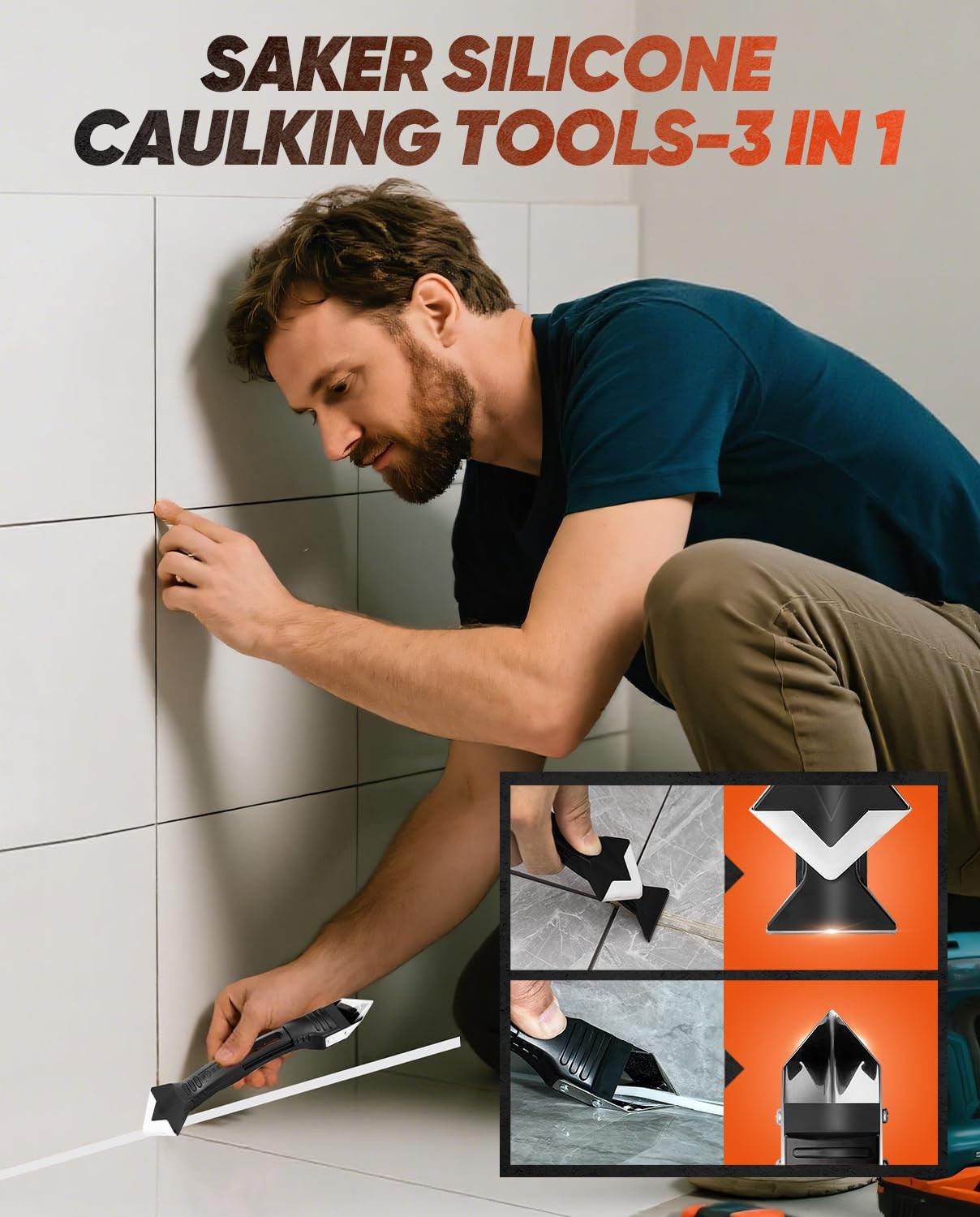 Saker Silicone Caulking Tool 3-in-1 Grout Removal and Sealant Black