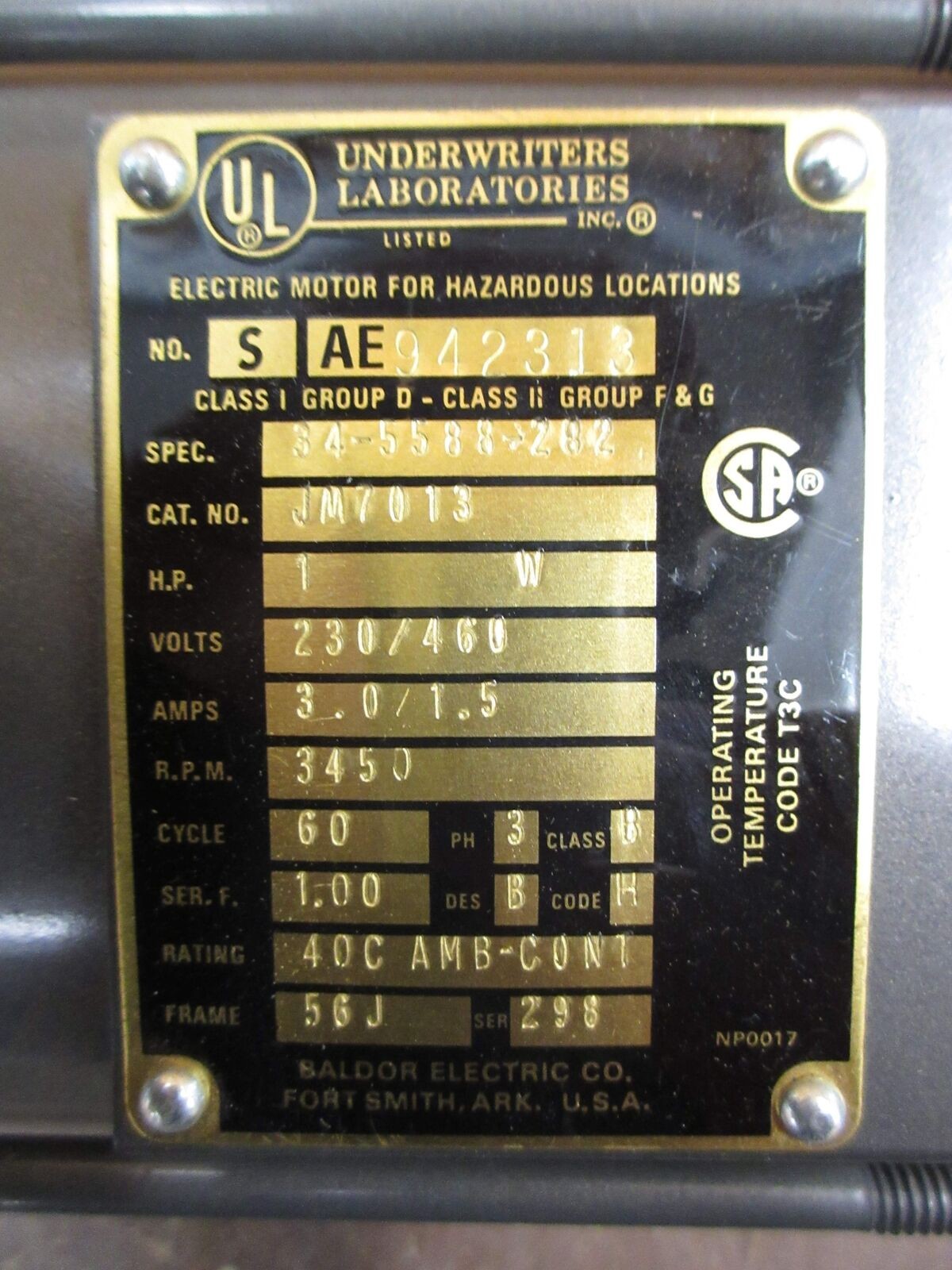Underwriter Laboratories Explosion Proof Motor JM7013 1HP 3600RPM 230/460V 60Hz