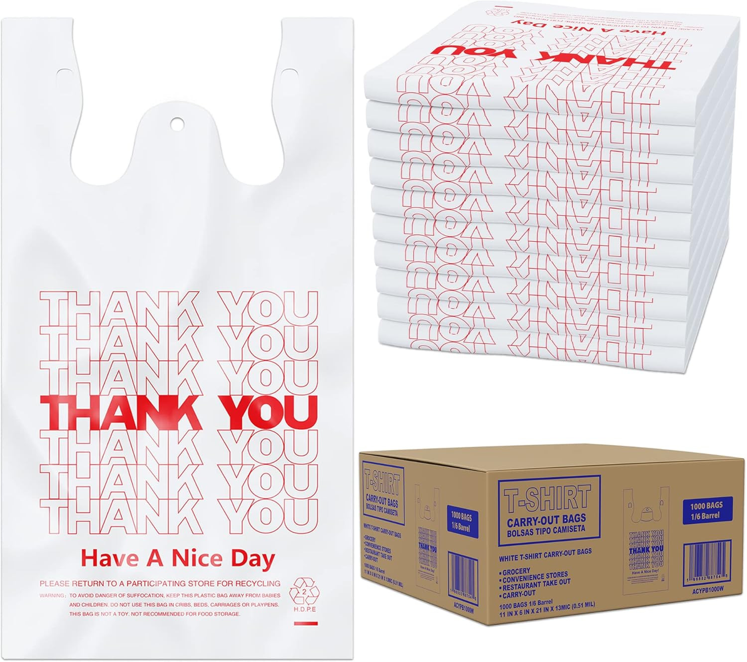 Thank You T-Shirt Plastic Bags 1000 Count 11″ x 6″ x 21″ White 1/6 Barrel