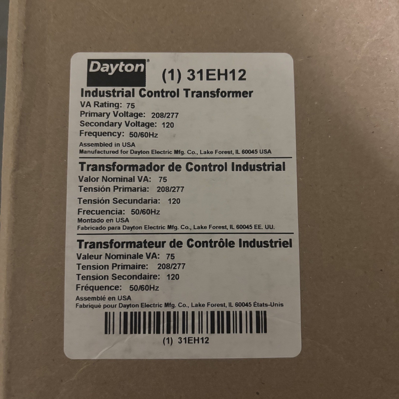 Dayton 31Eh15 Control Transformer, 200 Va, 120V Ac, 208/277V Ac