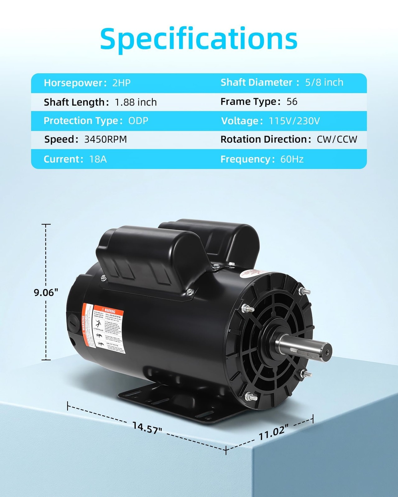 2/3/5HP SPL Electric Air Compressor Motor 230V 56 Frame 3450 RPM 5/8″ 7/8″ Shaft