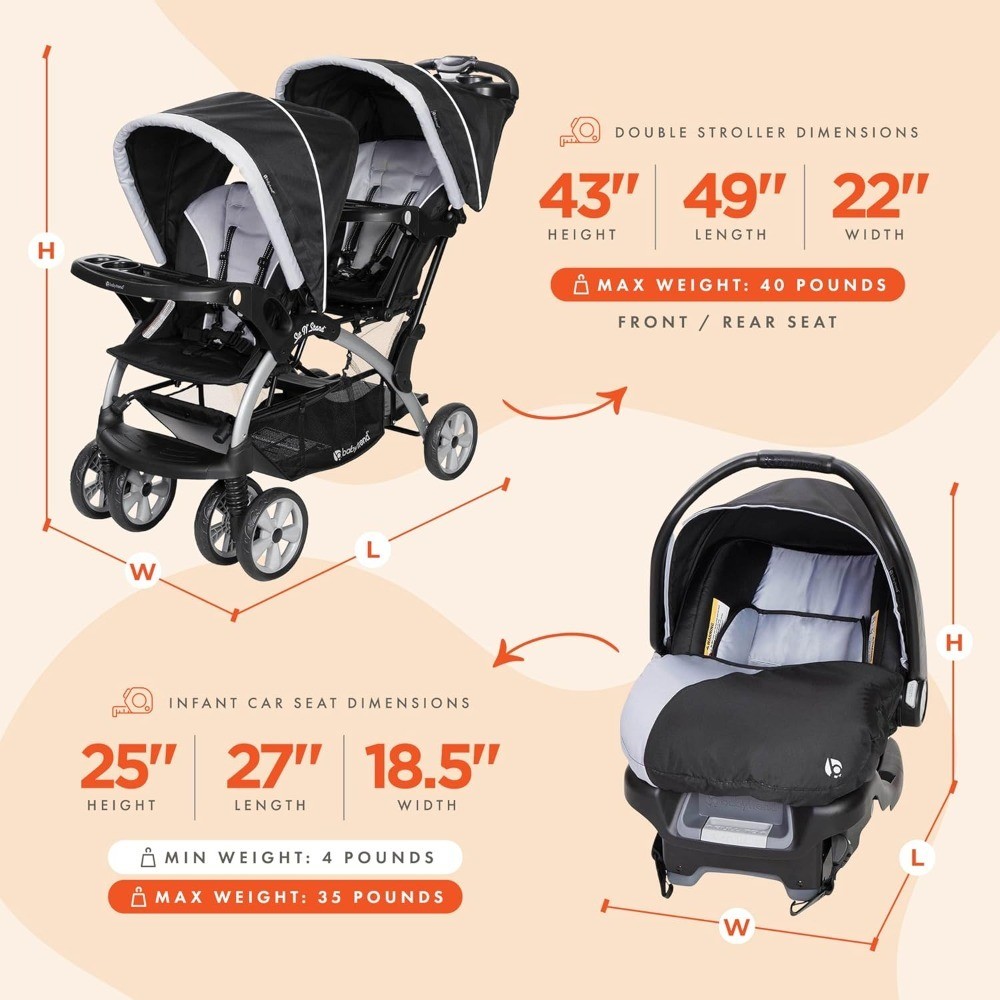 Portable Lightweight Tandem Double Stroller and Infant Car Seat Travel System