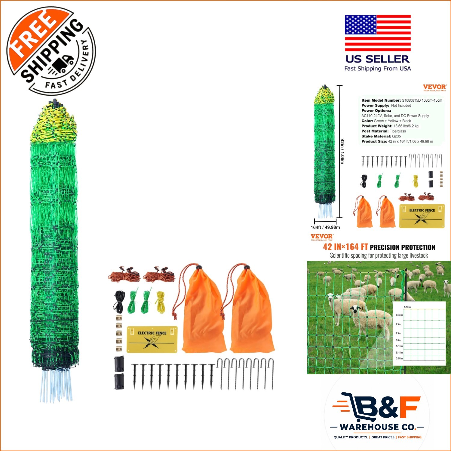 42″H x 164″L Electric Fence Netting – Durable PE Fencing for Livestock Safety