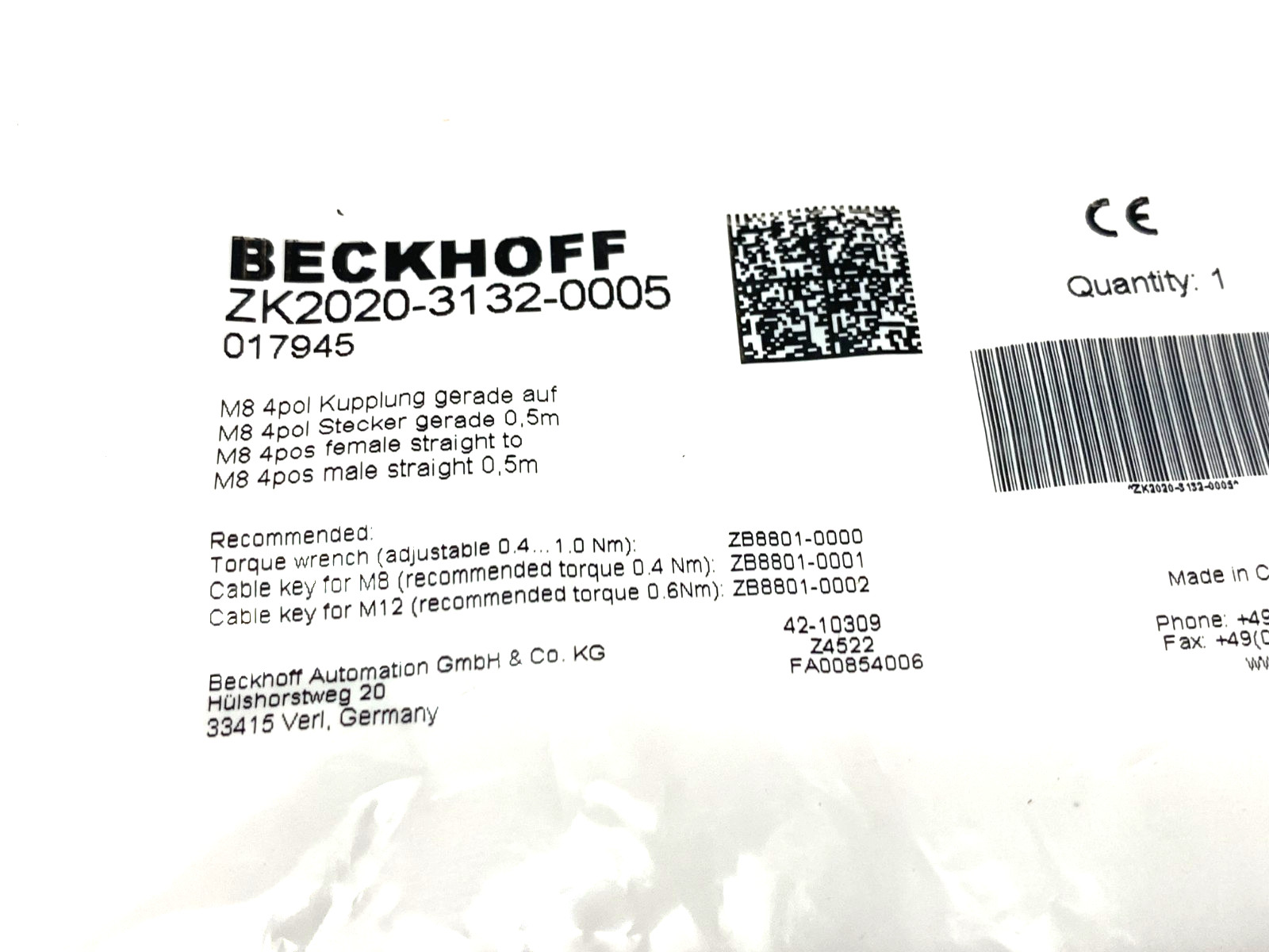 Beckhoff ZK2020-3132-0005 Double Ended Power Cable M8 4-Pos Male to Female
