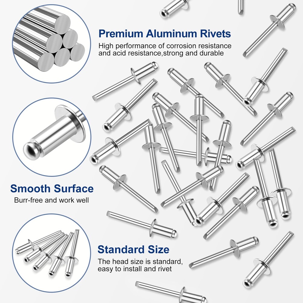 WORKPRO 200Pcs Aluminum Blind Rivets 1/4″ x 1/2″ Pop Rivets Assortment NEW