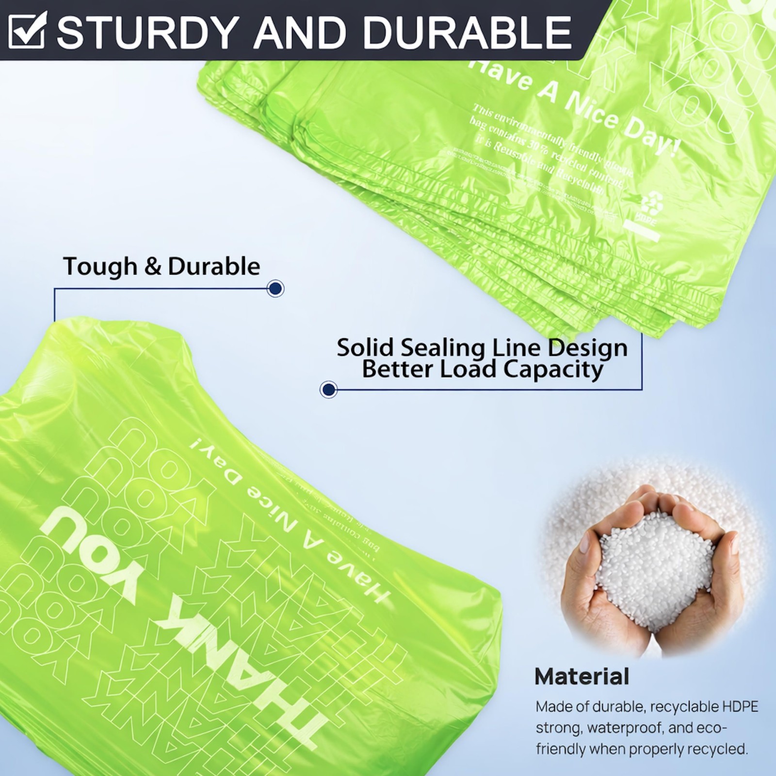 YoYoRain 100 Pack “Thank You” T-Shirt Bags – Green Plastic Large,