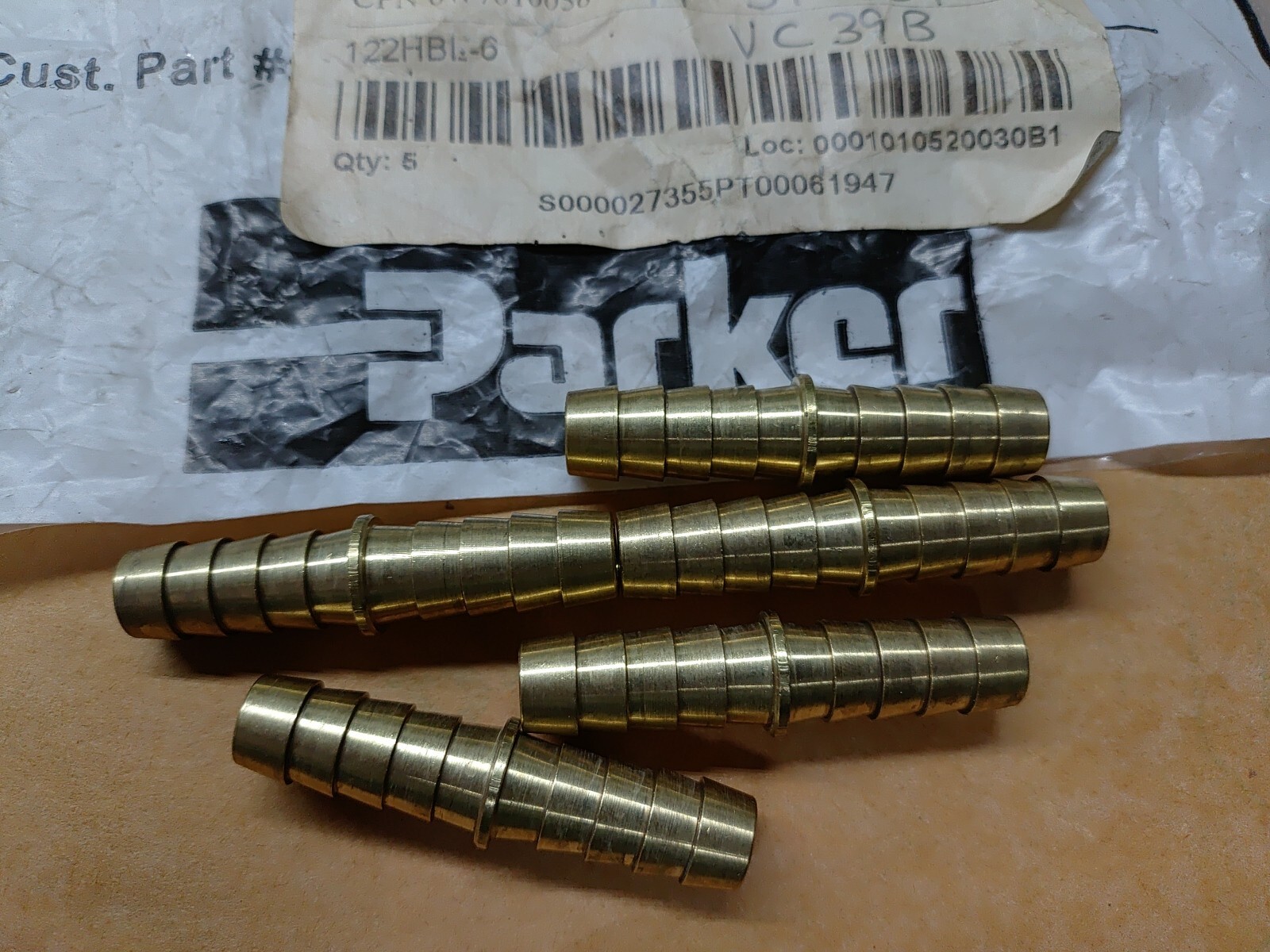 (5) Parker 122-HBL-6 Brass Fitting 3/8″ Hose Barb to 3/8″ Hose Barb