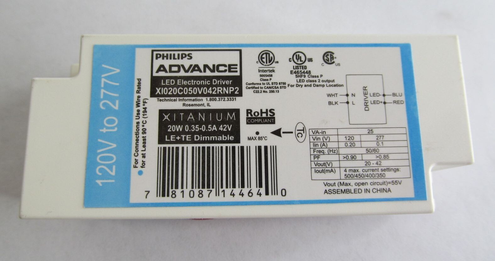 PHILIPS XITANIUM 20W LED ELECTRONIC DRIVER/ BALLAST XI020C050V042RNP2 DIMMABLE
