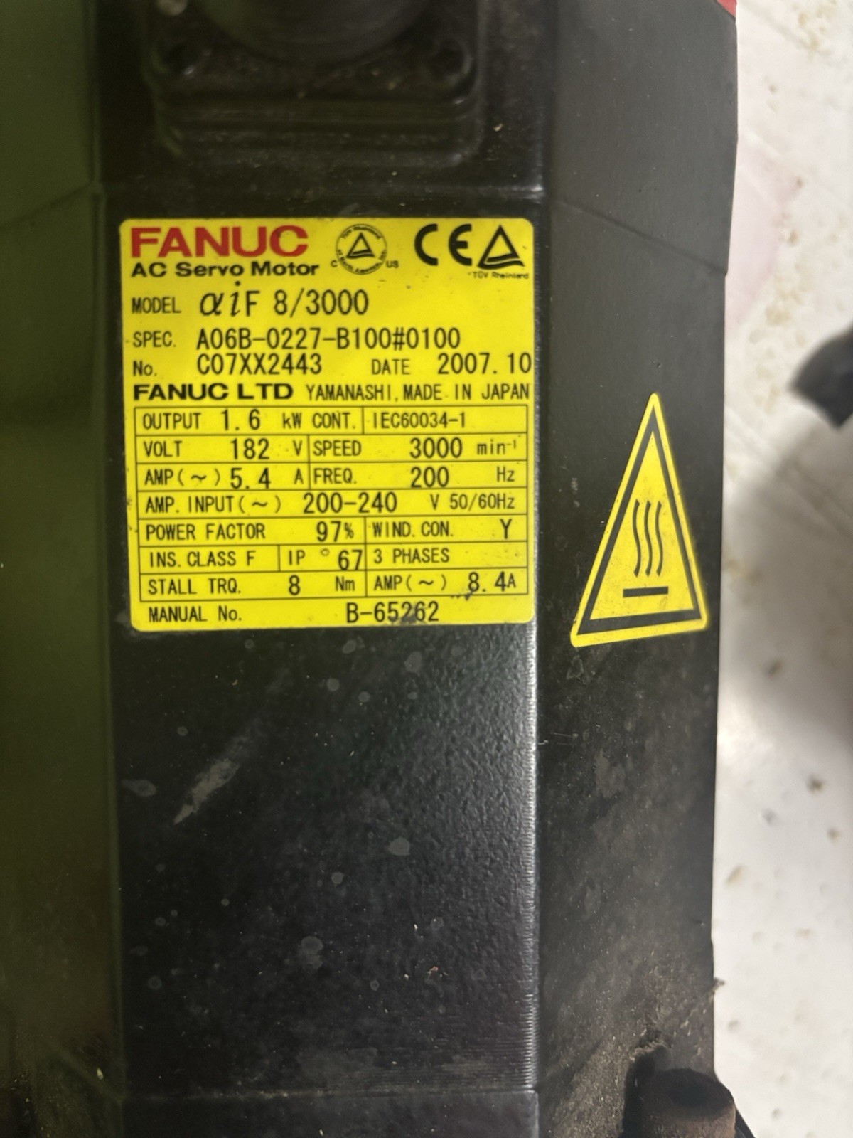 FANUC αiF 8/3000 AC Servo Motor 1.6kW 200-240V 8Nm 3000RPM A06B-0227-B100#0100