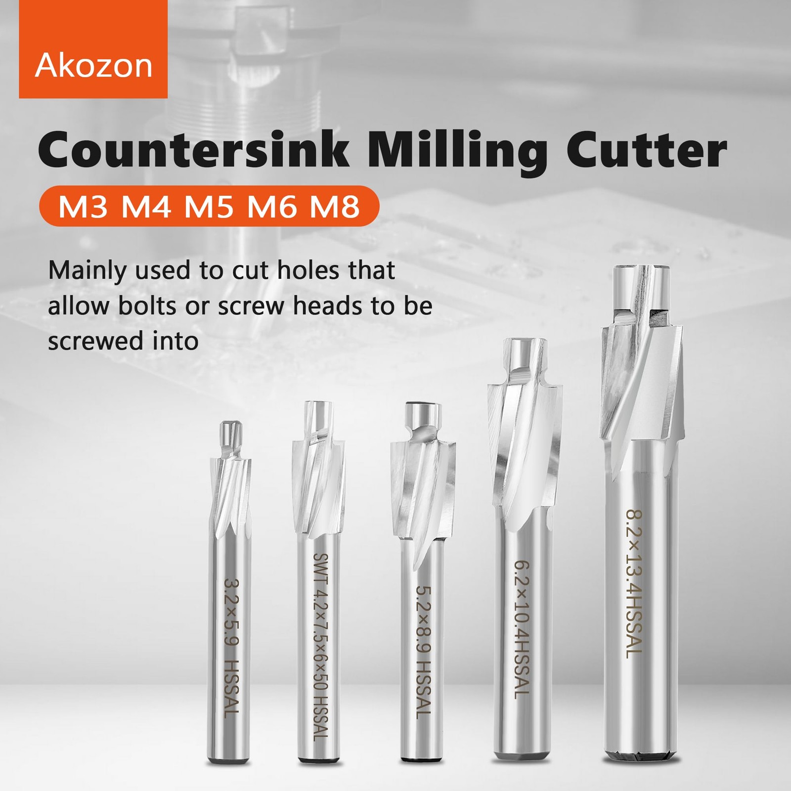 Akozon 5pcs M3-M8 Slotting Counterbore End Mill Cutter Solid Slot Countersink En