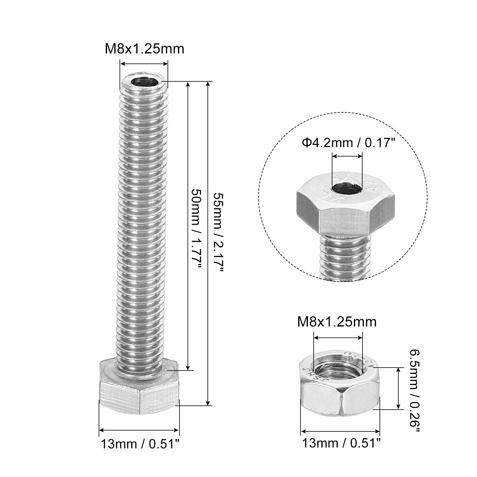2set M8x50mm Hollow External Hexagon Screw Lamp Threading Through Hole Bolt