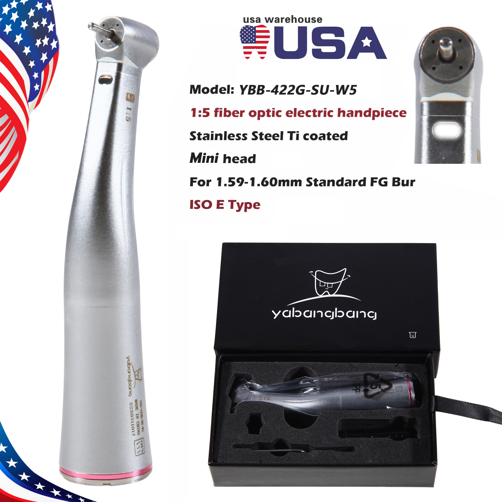 US Dental 1:5 Increasing Fiber Optic Contra Angle Handpiece fit E-type Stan/Mini