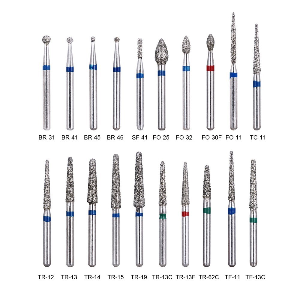 100Pcs 20Types Dental Diamond Burs for High Speed Handpiece Medium Friction Grip