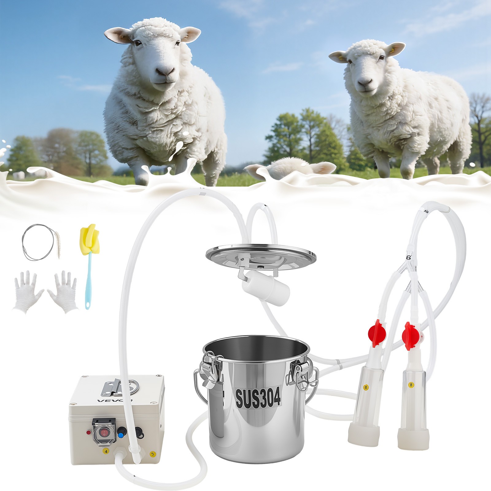 VEVOR Goat Milking Machine Goat Milker 0.8 Gal / 3 L Bucket Battery for Goats