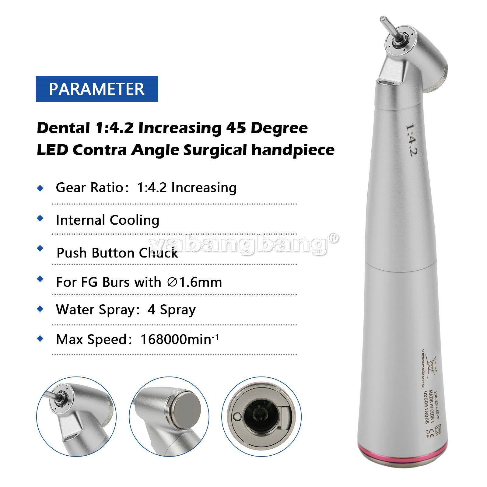 Dental 45° Angle push button head contra angle fiber optic 1:4.2 handpiece USA