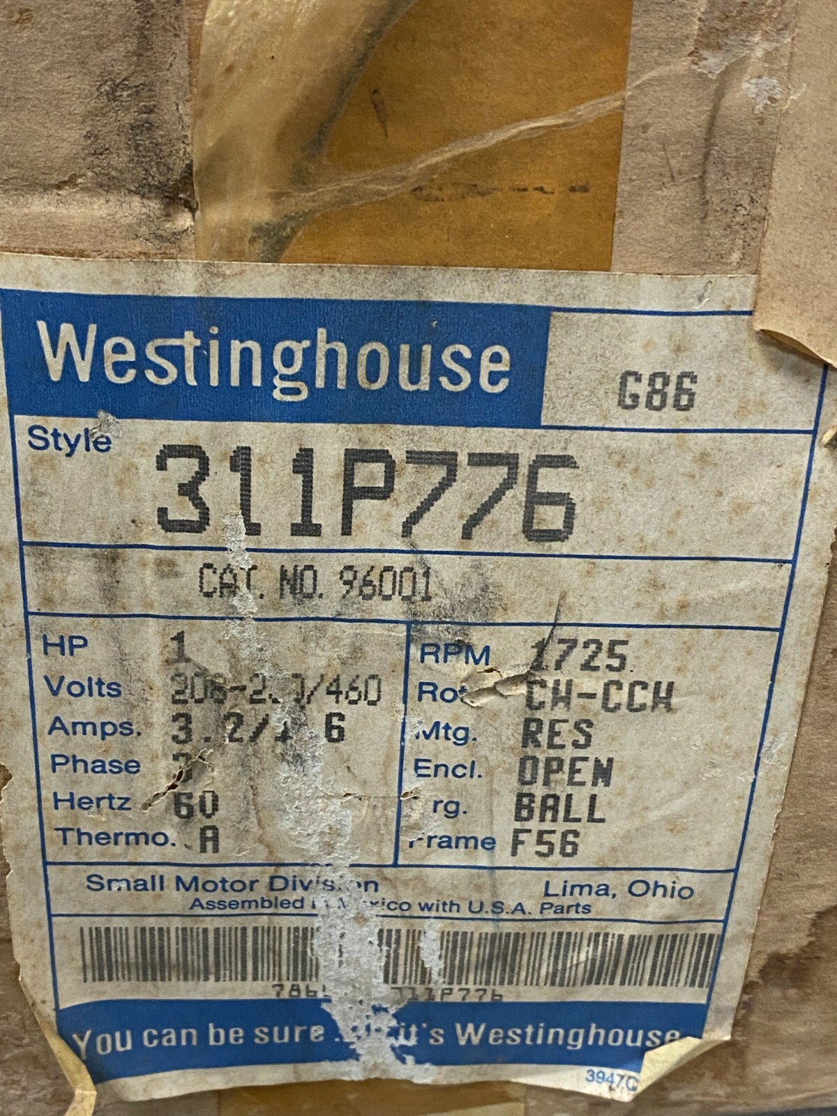 👀 NEW WESTINGHOUSE 1 HP ELECTRIC AC MOTOR 230/460V 1725 RPM F56 FR 3Ø 311P776