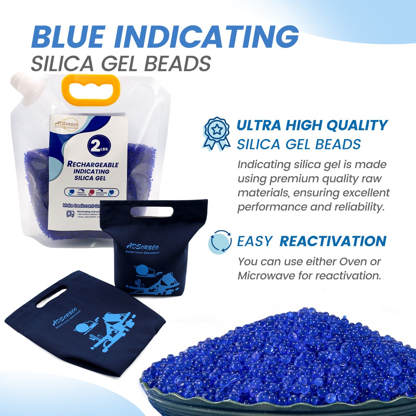 Adsorbco 2 lb Blue Silica Gel Packets with a Hook and Loop Canvas Bags