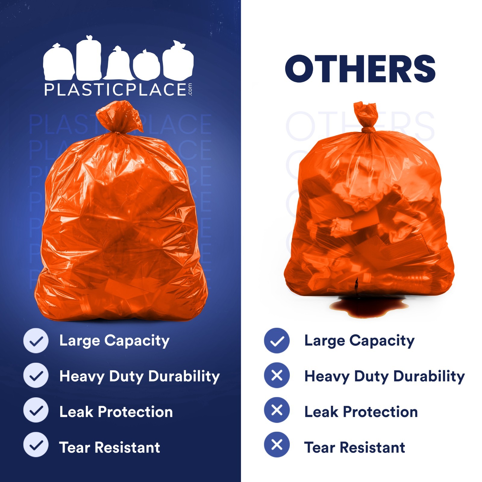 Plasticplace 55-60 Gallon Trash Bags, Orange, 1.2 Mil, 50 Count
