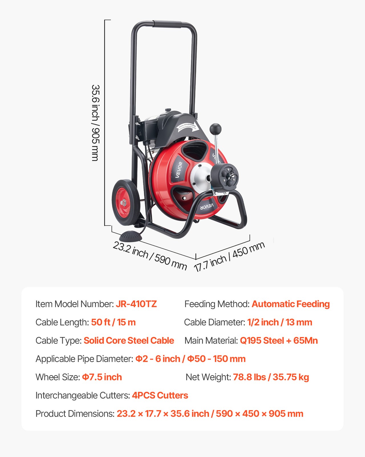 VEVOR Drain Cleaner Machine Electric Drain Auger 50 FT x 1/2 In Auto Feed