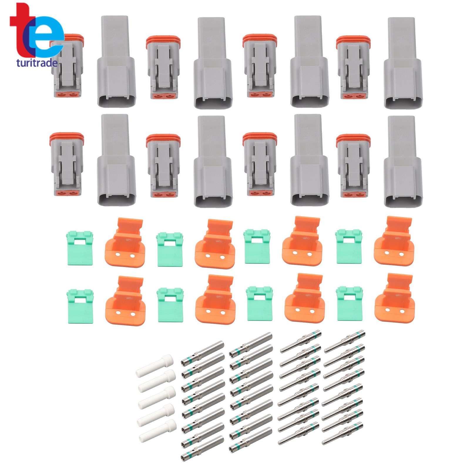 8 Sets 2 Pin Waterproof IP67 DT Connectors with Size 16 Solid Contacts 14-20AWG