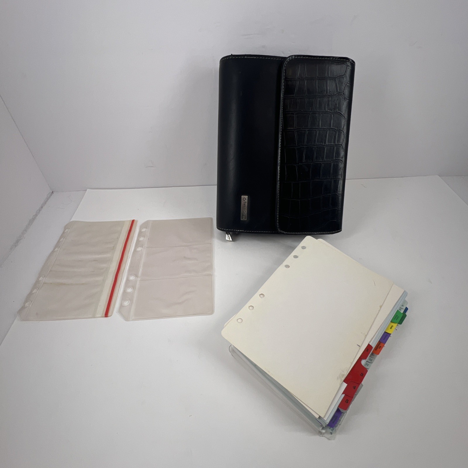 Franklin Covey Leather 6 Ringed Binder W/ Inserts Textured Pocket Compact Black