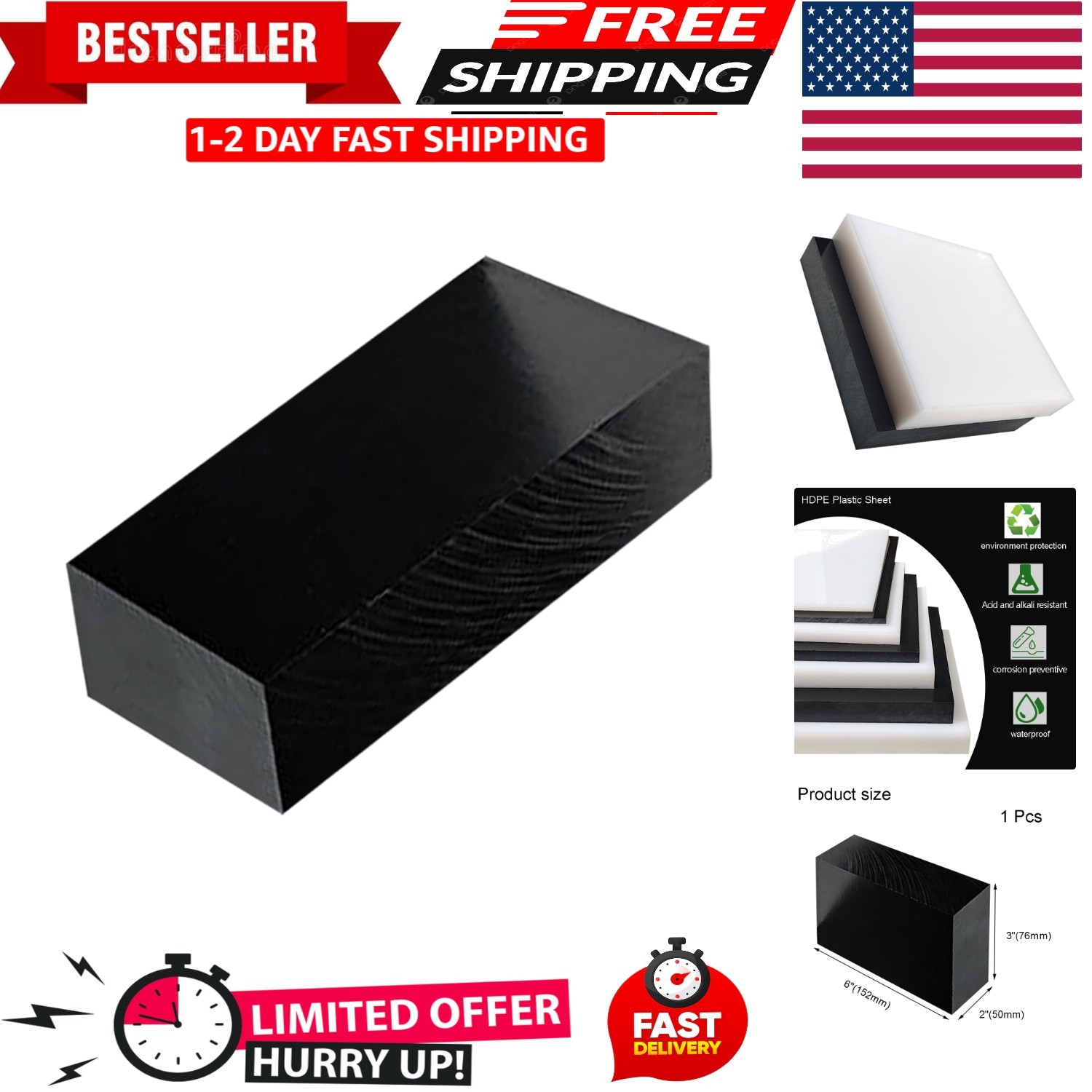 High-Density Polyethylene (HDPE) Plastic Block 2″ Thick – 3″ x 6″ HDPE Plasti…