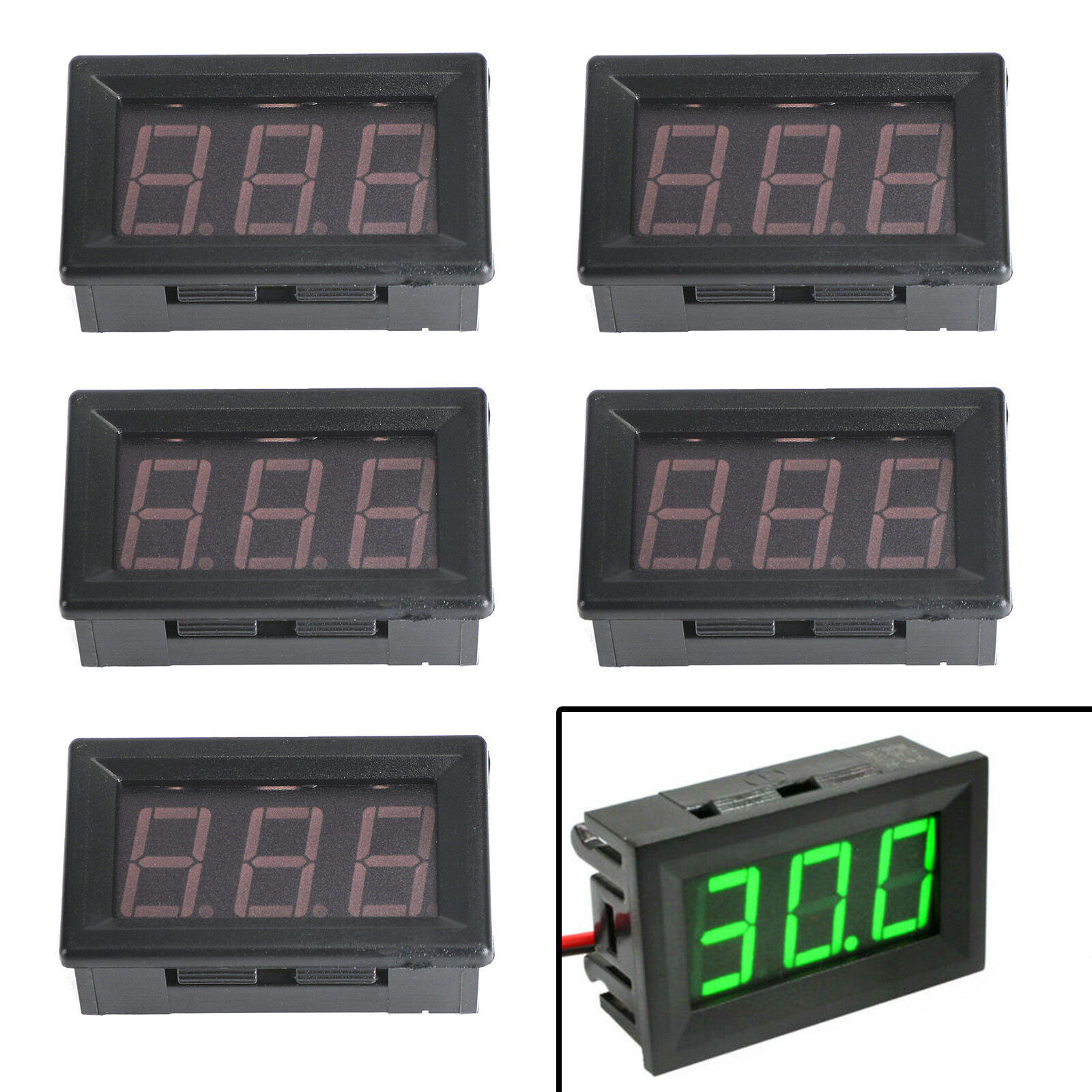 5Pcs Dc 5-120V Voltmeter Green Led Panel 3-Digital Display Volt Meter 2-Wire USA