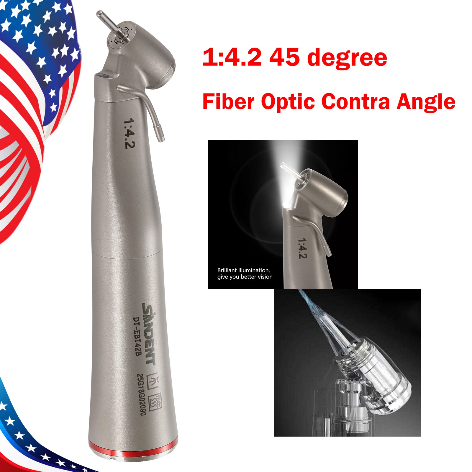 Dental Optic Fiber LED 1:4.2 Increasing Handpiece 45°Angle Head External Channel