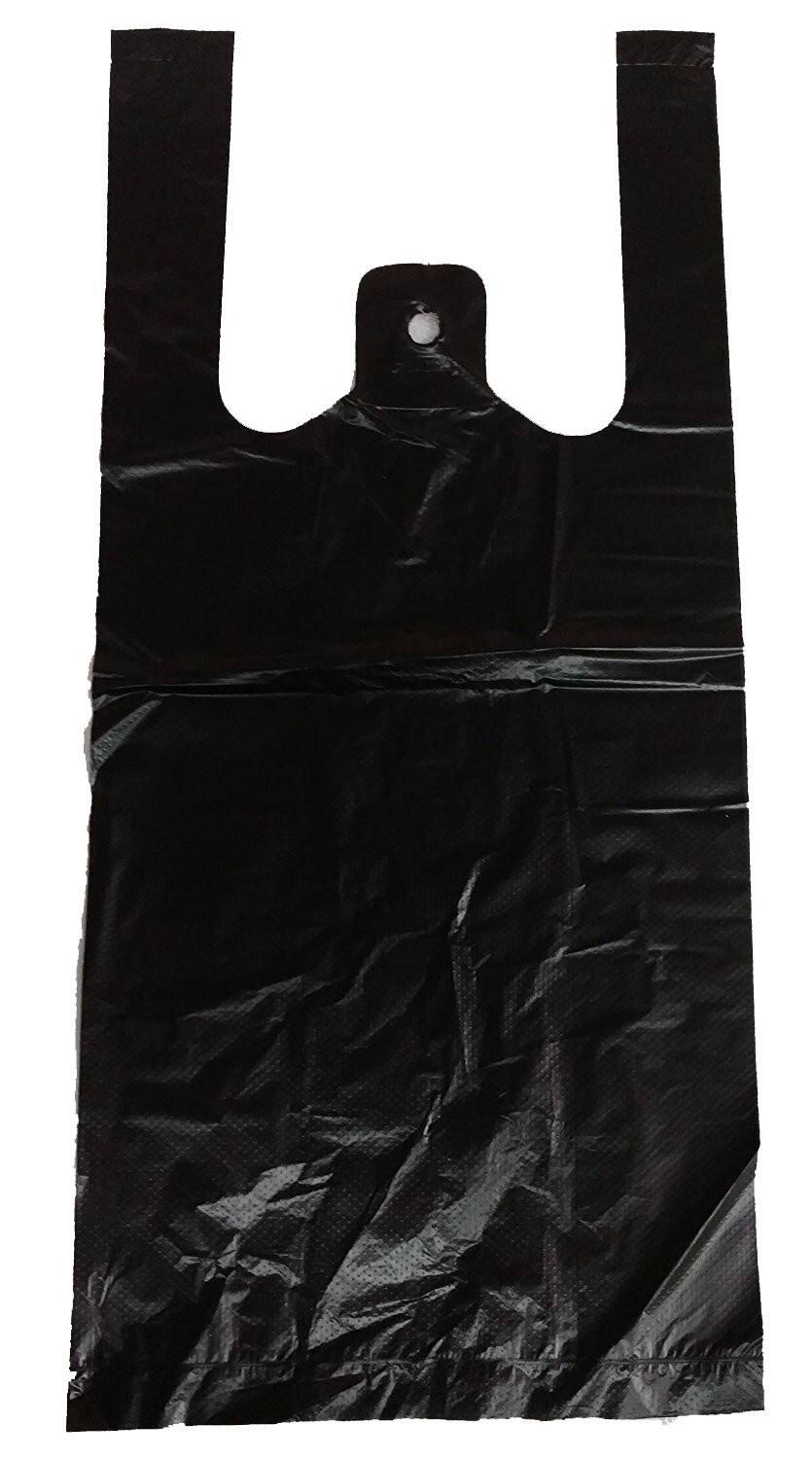 SALE 500 Large Heavy Black PlasticT-shirt Shopping Bags Handles 11.5″x6.5″x21″