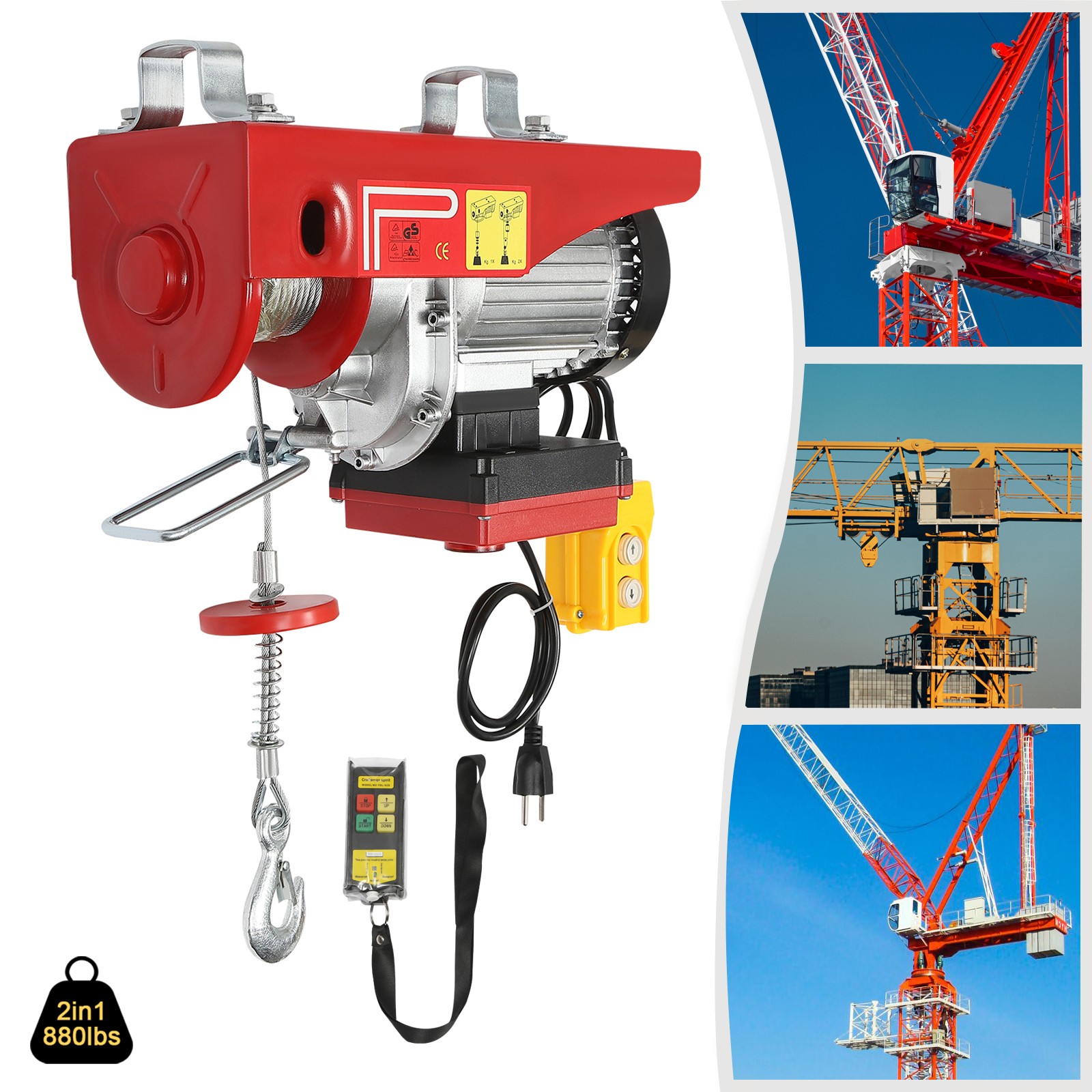 850W Electric Hoist 880 lbsCrane Winch Wired Remote Control Electric Lift