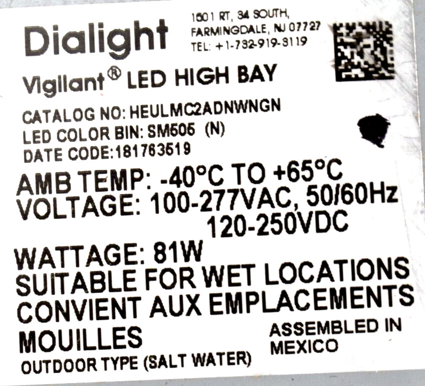 NEW Dialight Vigilant HEULMC2ADNWNGN LED High Bay Corded Light 1598 12K MCG