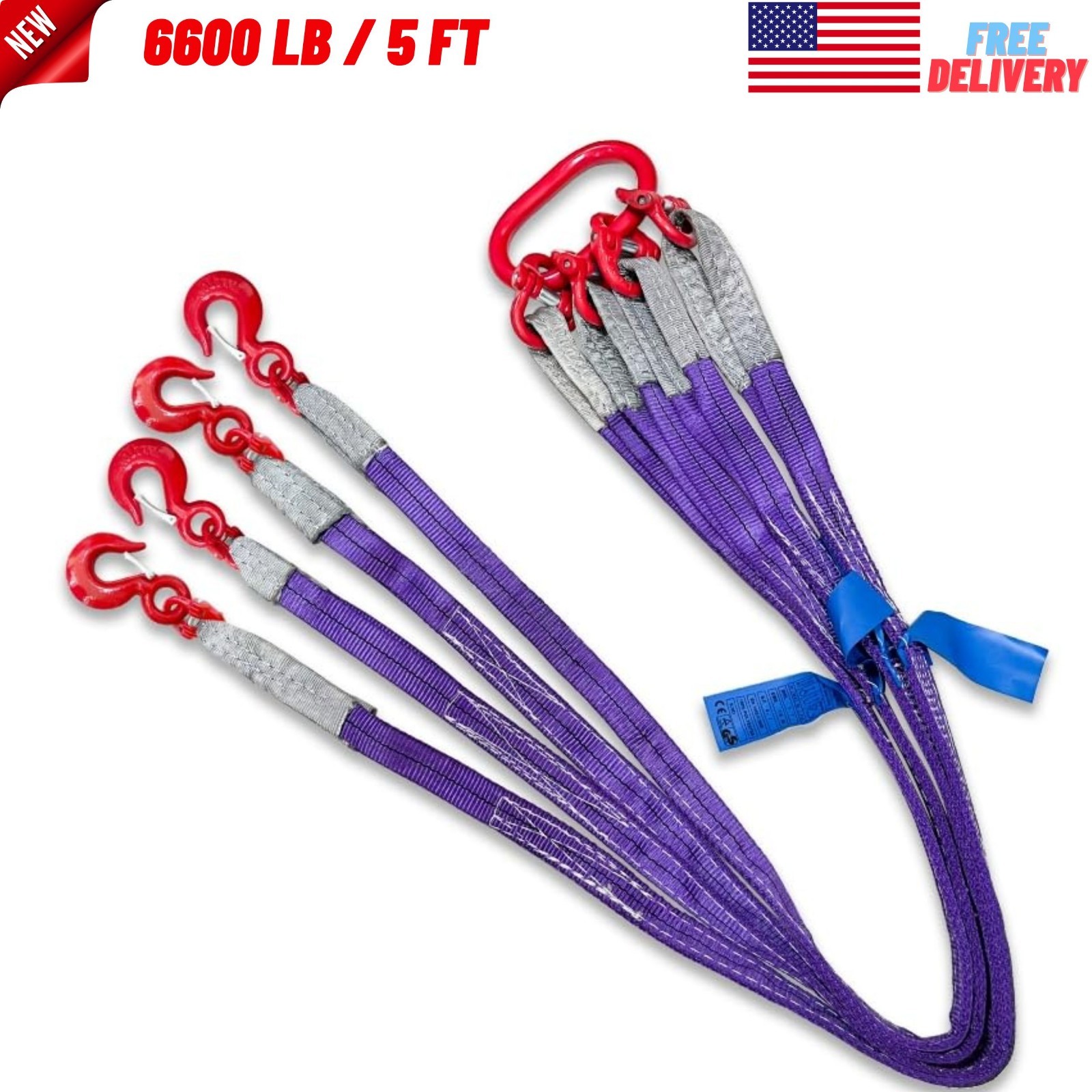 Four Leg Bridle Web Sling 5ft 6600lbs Lifting Slings with G80 Grab Hooks