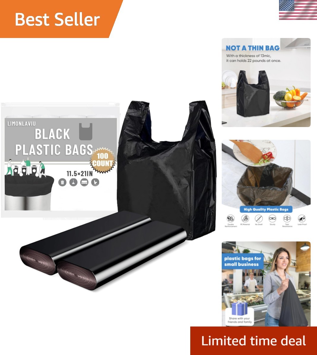 Black Plastic Grocery Bags, 100 Pack, 11.5’x 6.5″ x 21′, 22 Pound Capacity, H…
