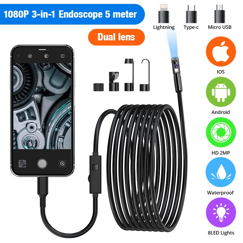 Dual Lens HD Snake Endoscope 16.4FT IP67 Waterproof Car Pipe Inspection Camera