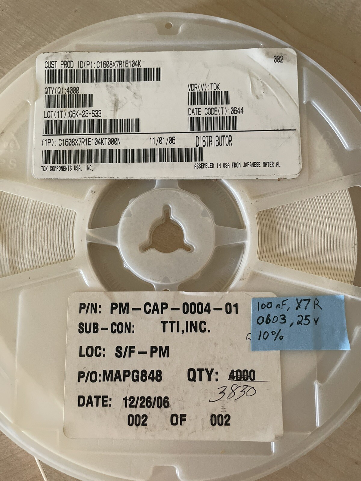 (25) SMD 0603 Capacitor 100nF 0.1uF 25v X7R 10% TDK C1608X7R1E104K